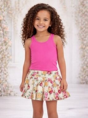 New Girls 2 Piece Pink Floral Athletic Set Activewear Set Skort & Tank Stretch
